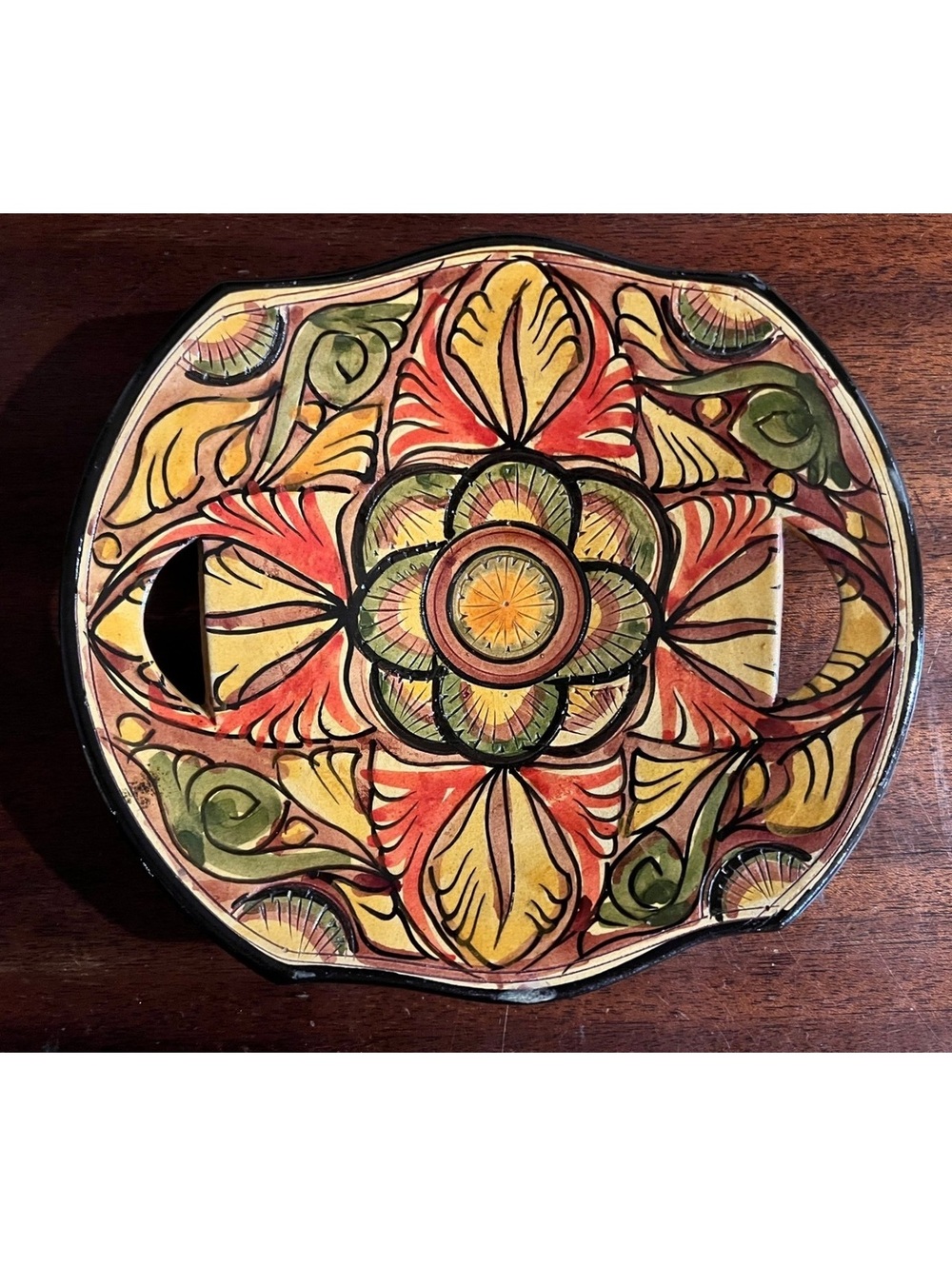 Talavera Style Hand Painted Ceramic Serving Platter 9in Cutout Handles Floral